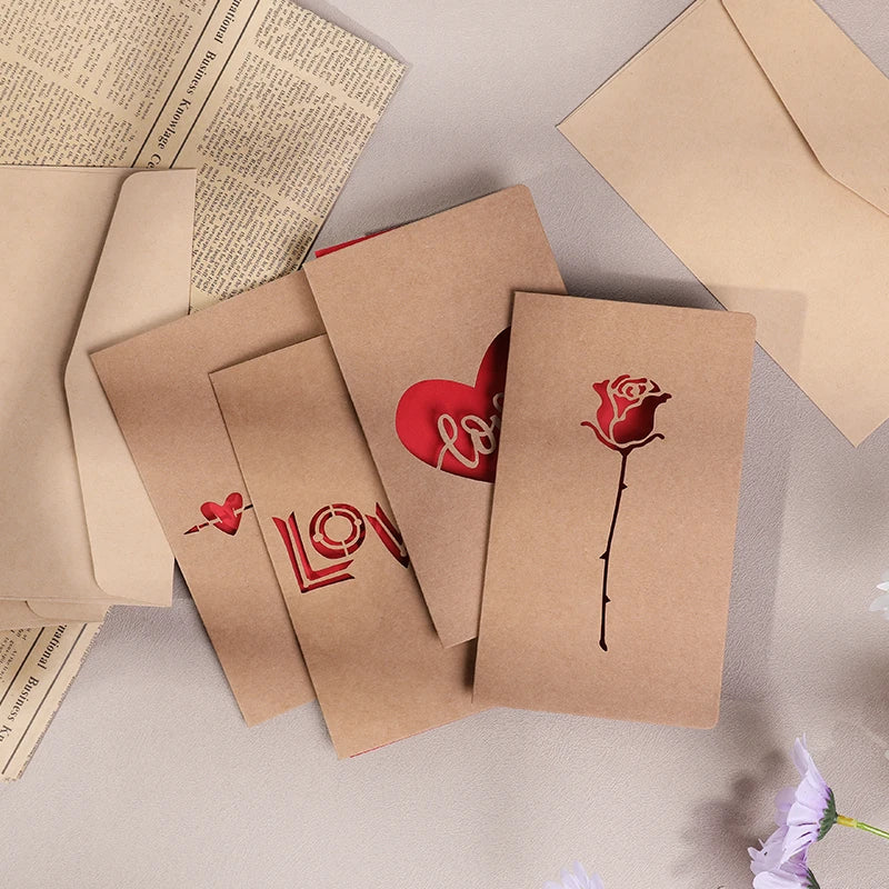 Valentines Day Mothers Day Greeting Card with Envelope Hollow Heart Flowers Gift Card Birthday Party Supplies Wedding Invitation