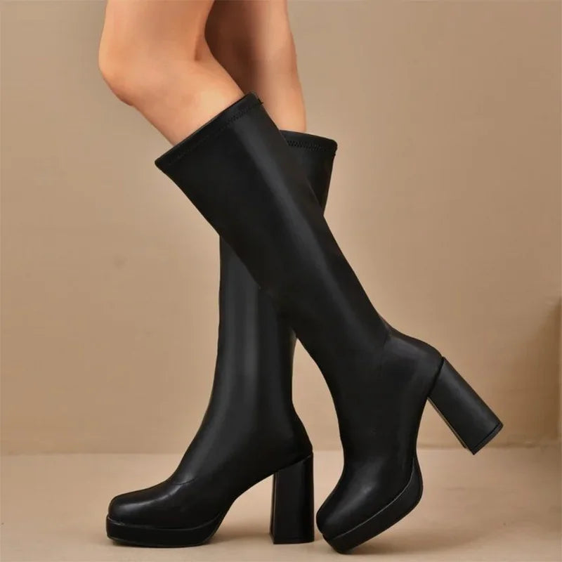 Plus Size High Heels Boots for Women Square Heeled Chunky Platform Knee-High Boots Woman 2025 Winter Thick Sole Square Toe Boots