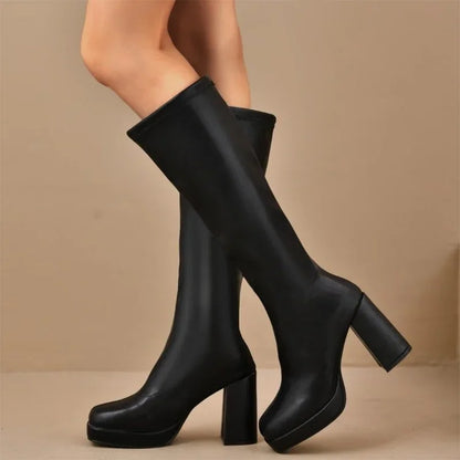 Plus Size High Heels Boots for Women Square Heeled Chunky Platform Knee-High Boots Woman 2025 Winter Thick Sole Square Toe Boots