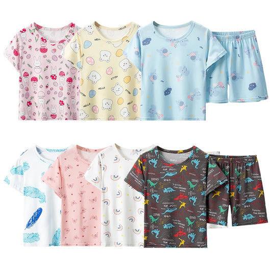 2 Pcs Children's Fun Printing Multicolor  Short Sleeve Shirt & Shorts Set