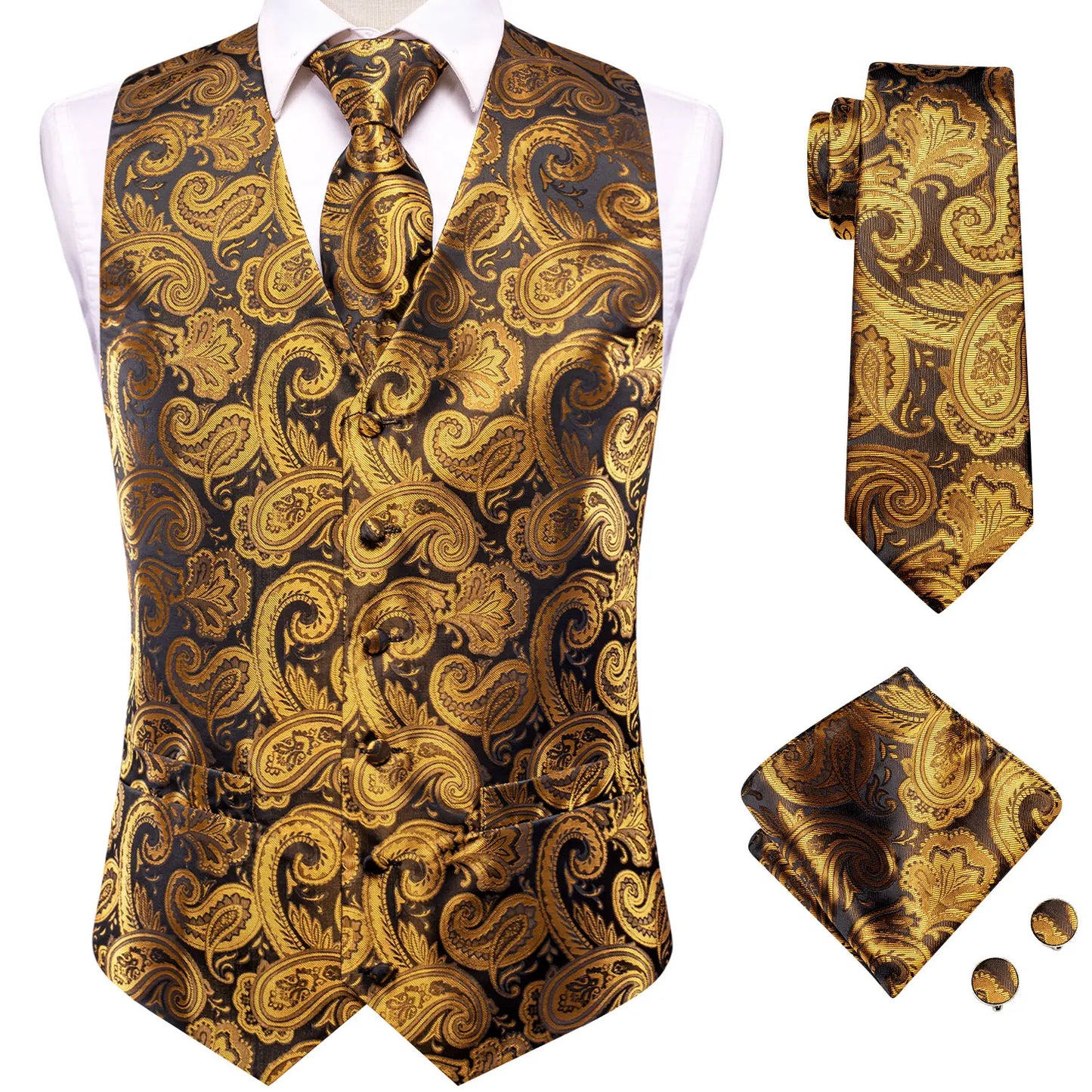 Hi-Tie 20 Color Silk Men's Vests Tie Slim Sleeveless Jacket Hanky Cufflink Waistcoat 4PC Suit
