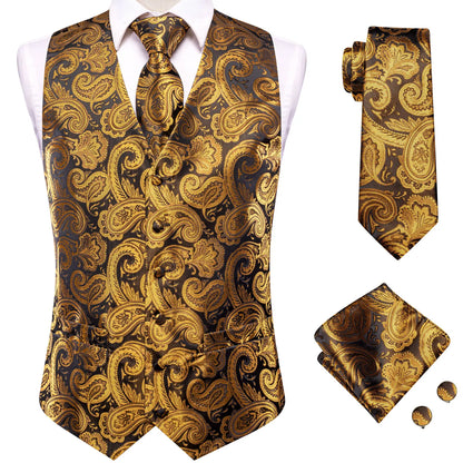 Hi-Tie 20 Color Silk Men's Vests Tie Slim Sleeveless Jacket Hanky Cufflink Waistcoat 4PC Suit