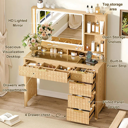 43.3" Glass‑Top Vanity Desk with LED Mirror & 5 Drawers