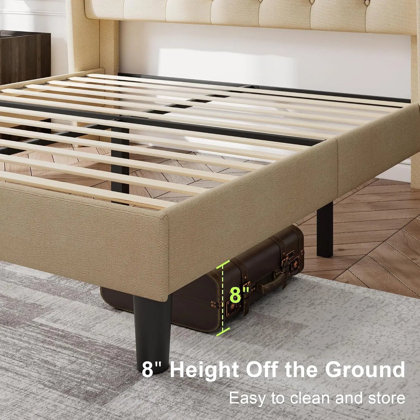 Queen Bed Frame with Diamond Tufted Wingback Headboard, Morden Upholstered Platform Bedframe, Sturdy Wooden Slats Support