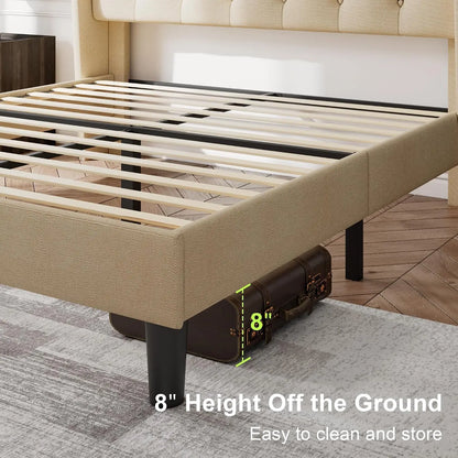 Queen Bed Frame with Diamond Tufted Wingback Headboard, Morden Upholstered Platform Bedframe, Sturdy Wooden Slats Support
