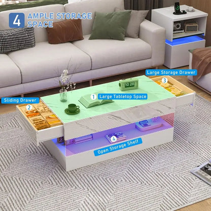 39.4" High‑Gloss LED Coffee Table with Sliding Drawers – Marble Print