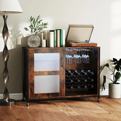 Rolling Wine Bar Cabinet with LED Lights — Rustic Brown