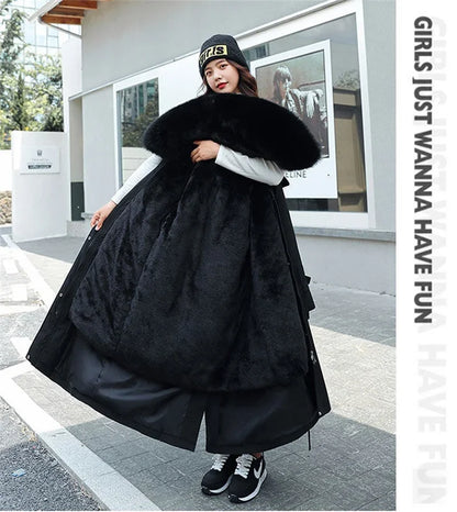 Winter Jacket Women's Parkas Thick Warm Fur Lining Long Parka Female Hooded Fleece Padded Coat Distachable Outwear 5XL