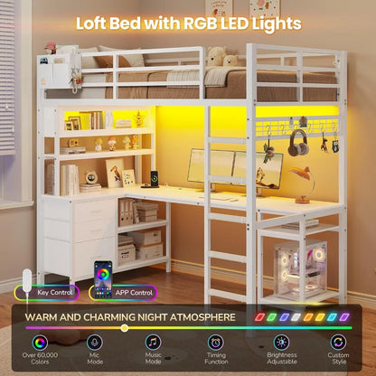 Twin Loft Bed w/ L‑Desk, Bookshelf, LED, Charging Station & Guardrail — White