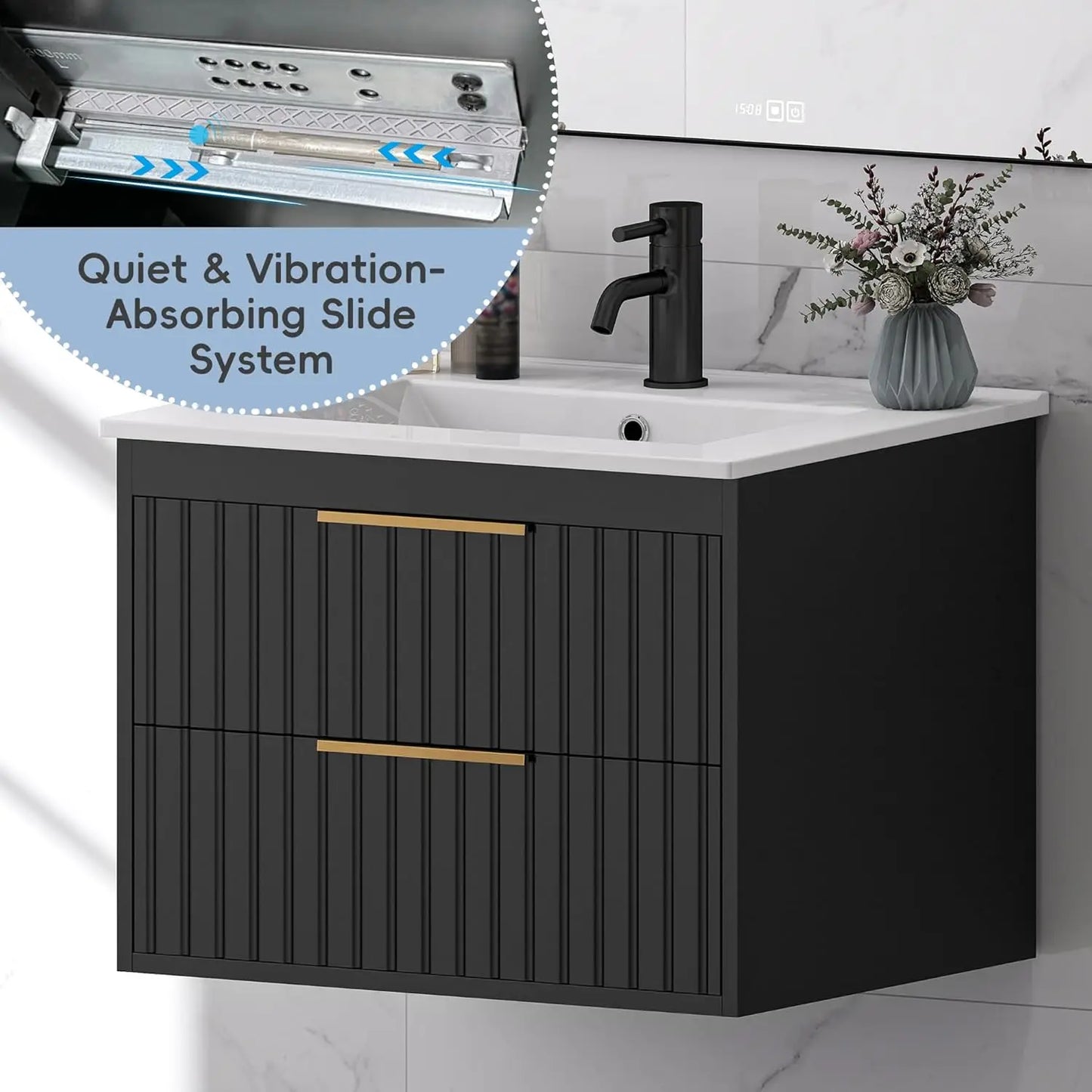 24" Floating Bathroom Vanity with Sink & 2 Drawers – Black