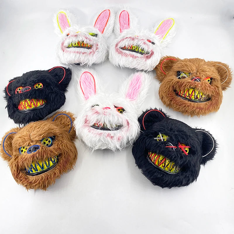 LED Glowing Cosplay Bloody Rabbit Mask Halloween Scary Killer Bloody Bunny Bear Headgear Carnival Masquerade Horror Costume Prop