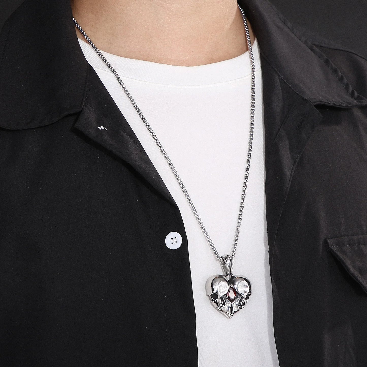 Stainless Steel Love Heart Skull With Red Gemstone Pendant Necklace