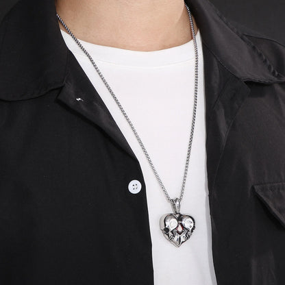 Stainless Steel Love Heart Skull With Red Gemstone Pendant Necklace