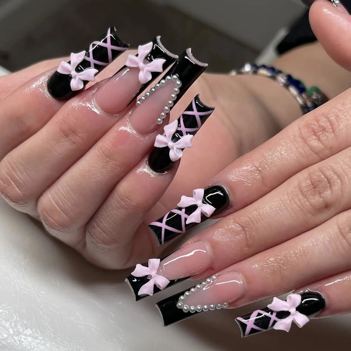24Pcs Gold French Border False Long Coffin Press on Nails with Rhinestones Ballerina Full Cover