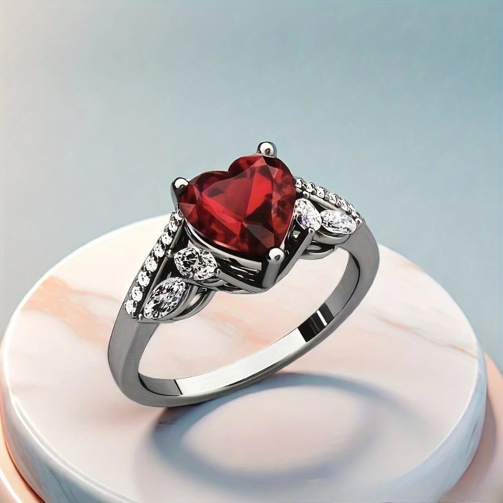 Goth Romantic Inlay Red Crystal Zircon Heart Shape Double Dragon Pattern Couple Rings for Women Men Luxury Sparkle Jewelry Gift