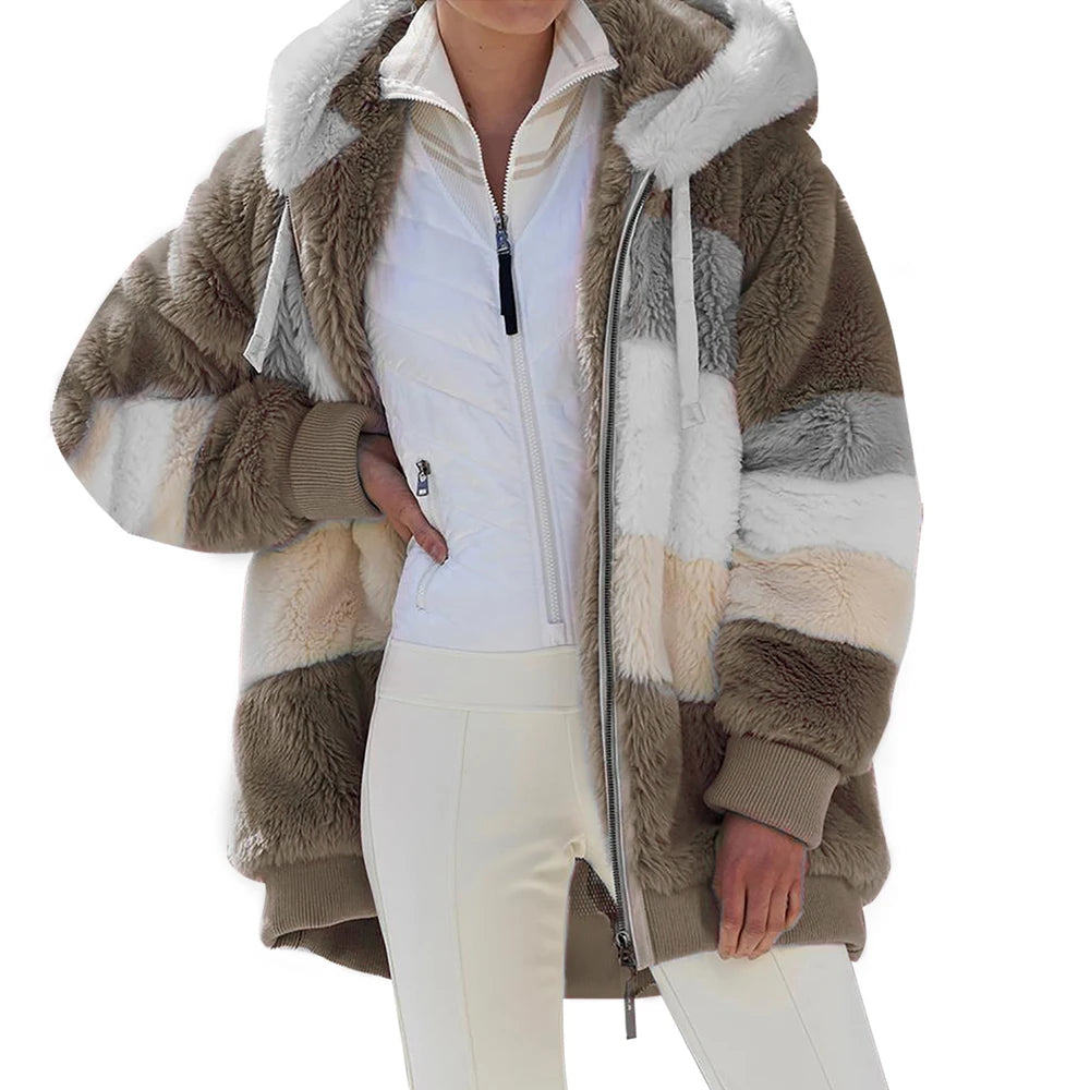 Oversized Jacket for Women Coat Autumn Winter Warm Plush Pocket Hooded Streetwear Loose Lady Zipper Cashmere Outerwear Coat