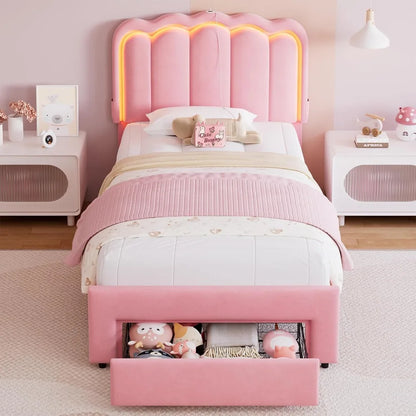 Twin Princess LED Upholstered Bed with Wavy Headboard & Storage Drawer