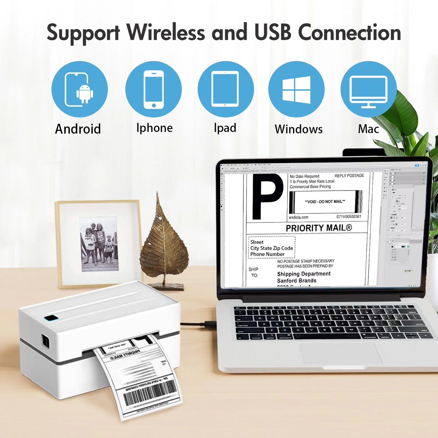 Thermal Label Printer Portable No Ink Required 300DPI 4x6 for Small Business WiFi Bluetooth USB High Speed Express Airway Bill
