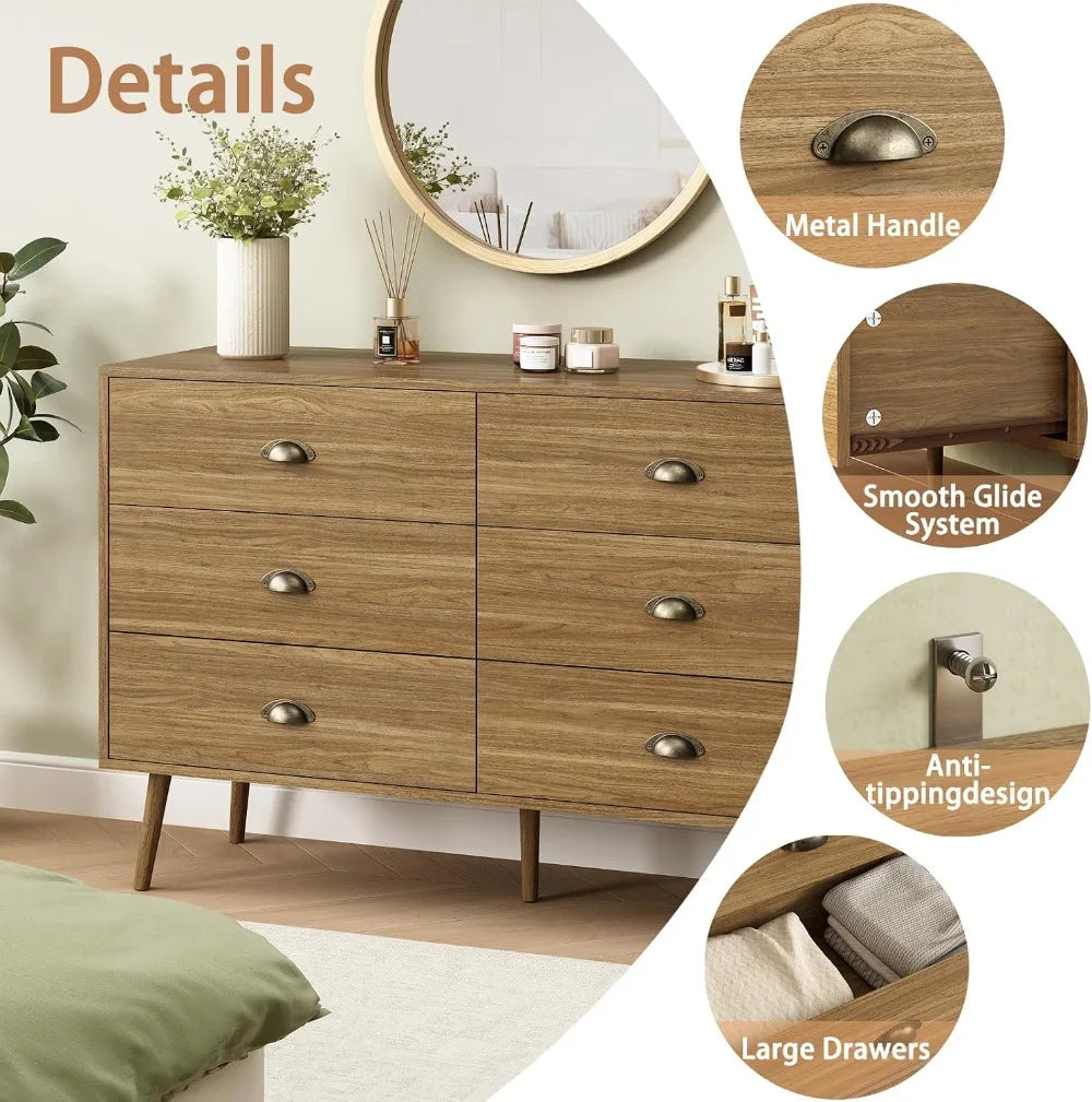 Mid‑Century 6‑Drawer Oak Dresser