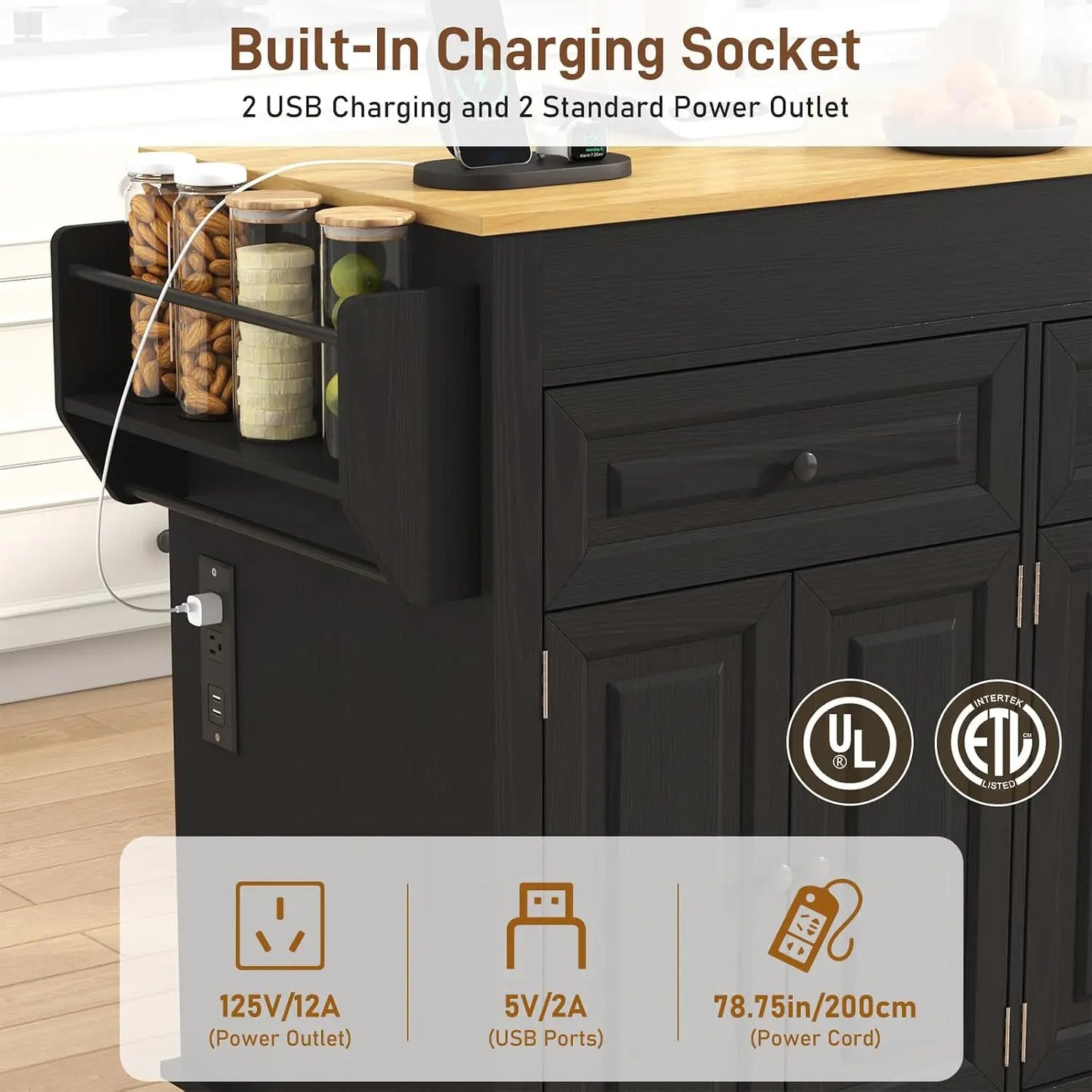80"–48" Extendable Kitchen Island with Power Outlet & Storage