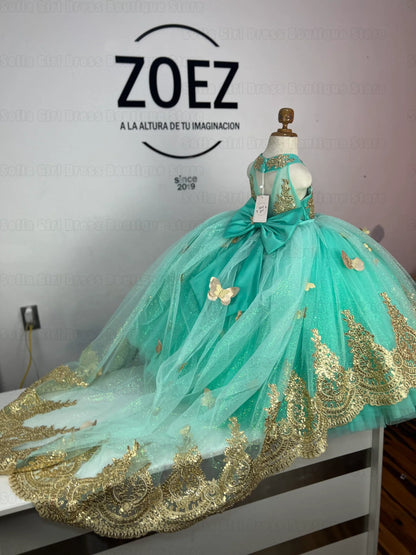 Shiny Green Tulle A‑Line Flower Girl Dress (Lace Applique · Sleeveless · Floor‑Length · Customizable)