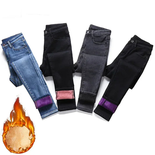 Winter Warm Fleece‑Lined Skinny Jeans – Thermal Stretch Denim