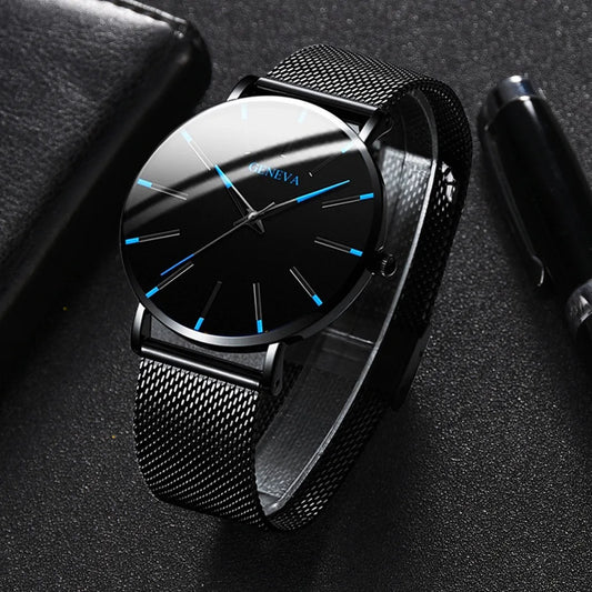 Mens Business Black Luxury Watches Stainless Steel Ultra Thin Mesh Belt Quartz