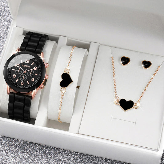 4pcs/set Women Silicone Band Watches Fashion Women Heart Jewelry (Without Box)