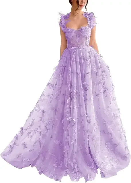 Elegant Corset Evening Gown with Tulle Skirt & 3D Butterfly Appliqués