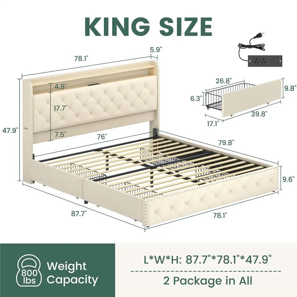 King Upholstered Bed Frame w/ 4 Drawers, LED & USB — Beige