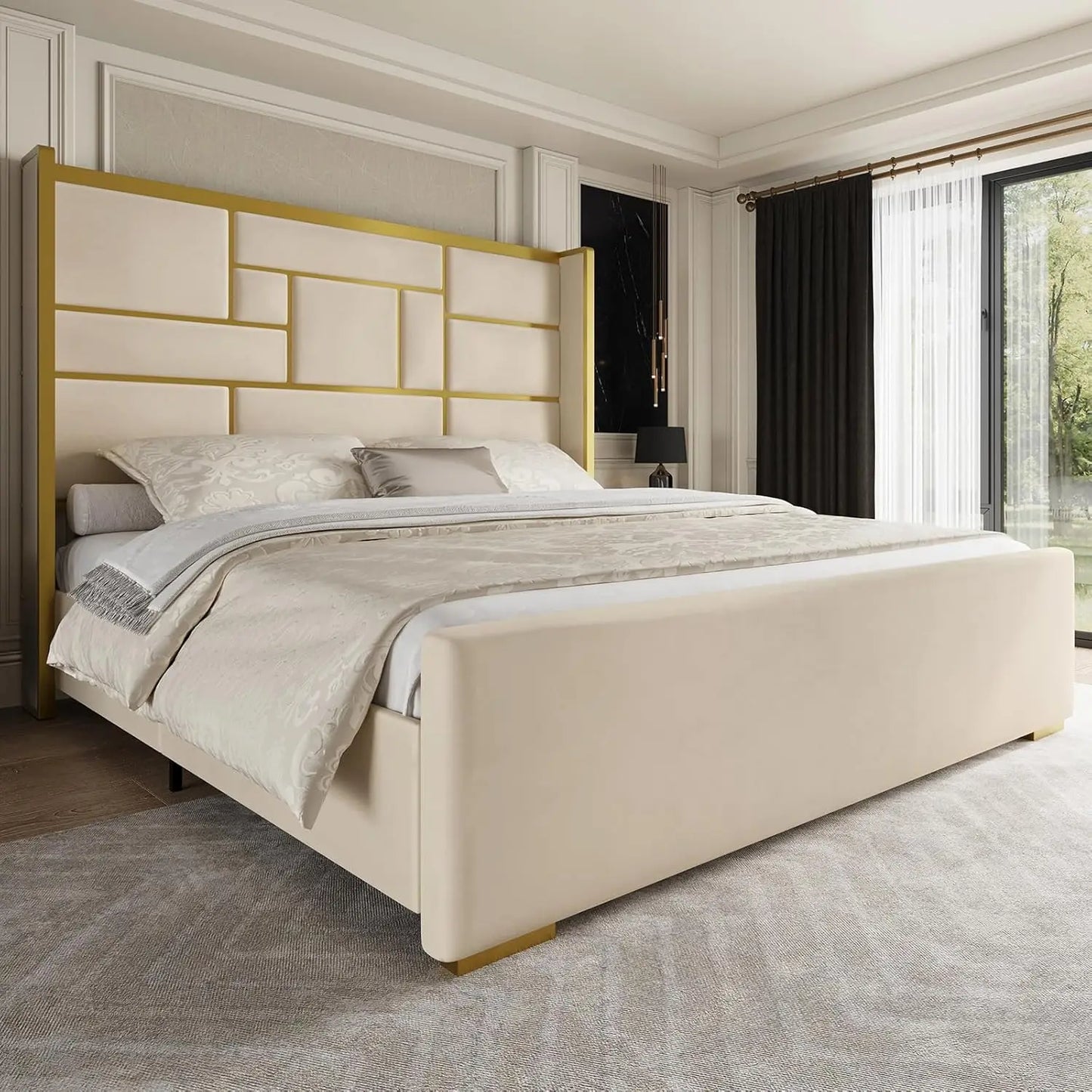 Full Bed Frame with 55" Tall Velvet Headboard – Gold Trim