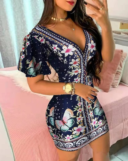 Women’s Elegant Floral Print Bodycon Mini Dress – Sexy Deep V‑Neck Summer Party & Office Look