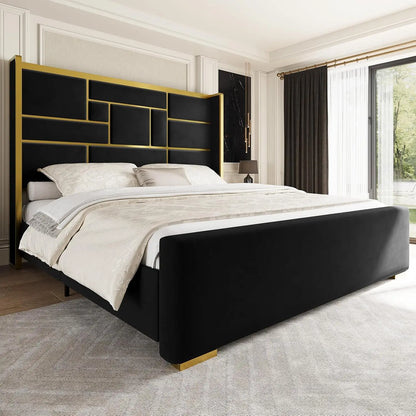 King Bed Frame with 55" Tall Velvet Headboard – Gold Trim