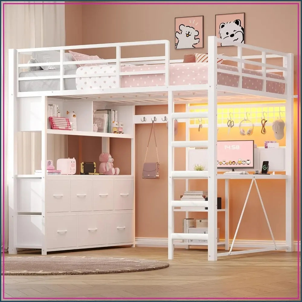 Full Loft Bed w/ L‑Desk, 7 Drawers, LED & USB — White