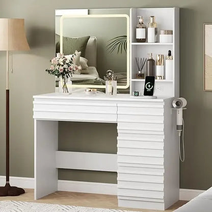 LED Makeup Vanity with 4 Drawers & Open Shelves