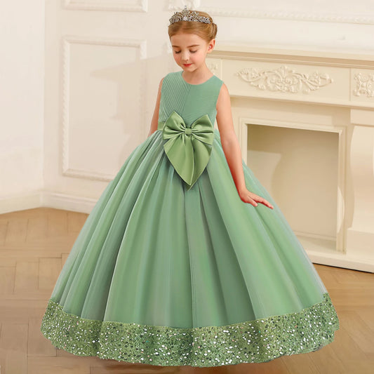 Girls Fluffy Sequin Bridesmaid Princess Elegant Bow Wedding Prom Evening Party Dresses