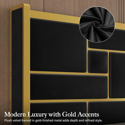 Full Bed Frame with 55" Tall Velvet Headboard – Gold Trim