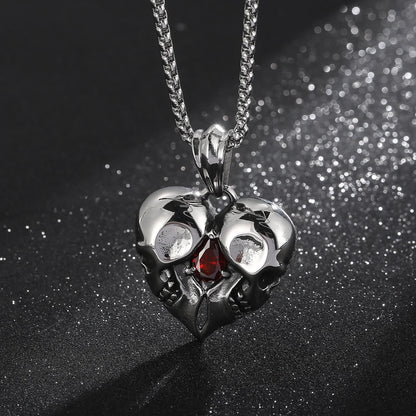 Stainless Steel Love Heart Skull With Red Gemstone Pendant Necklace
