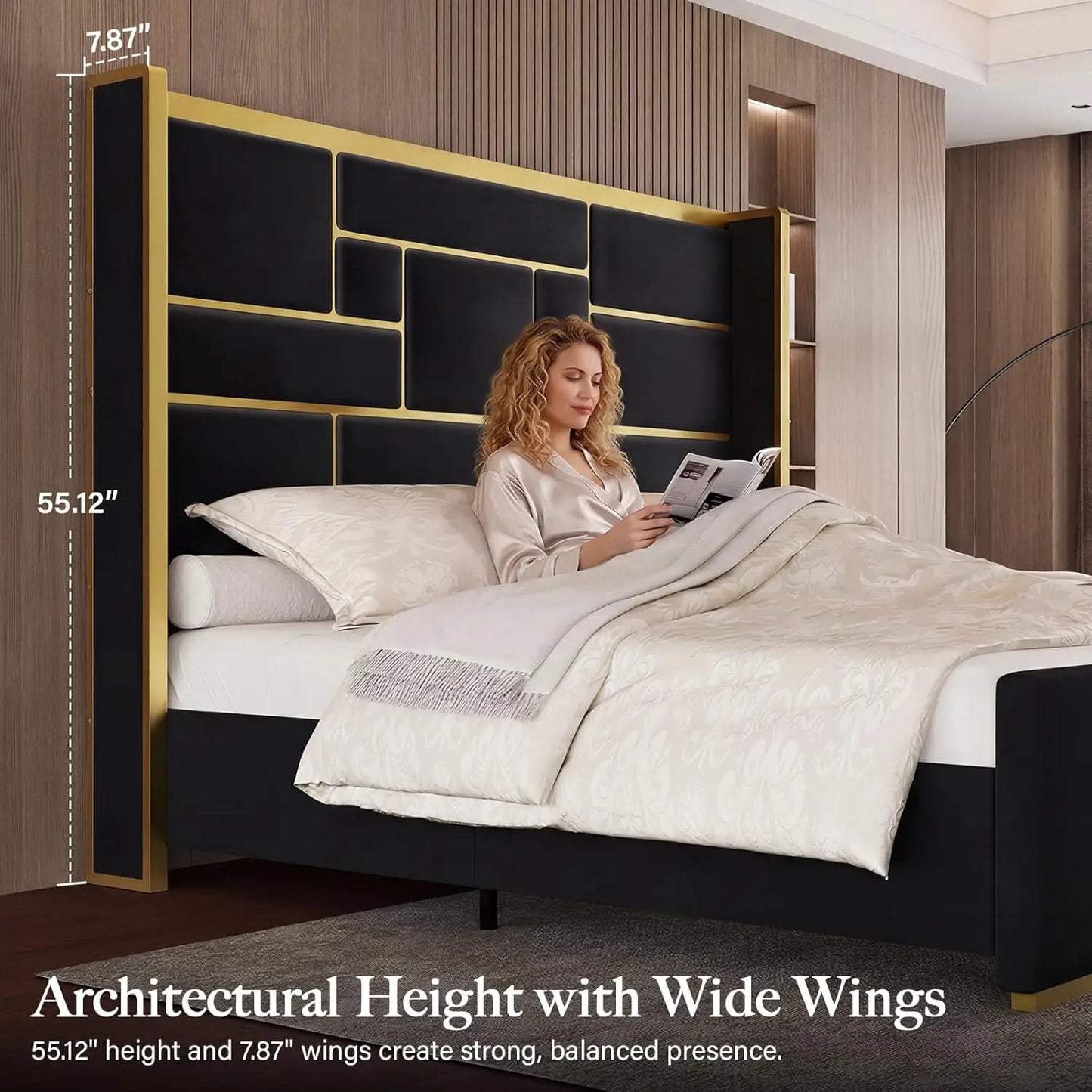 Full Bed Frame with 55" Tall Velvet Headboard – Gold Trim