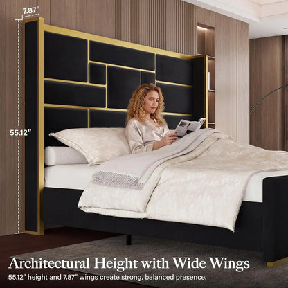 Full Bed Frame with 55" Tall Velvet Headboard – Gold Trim