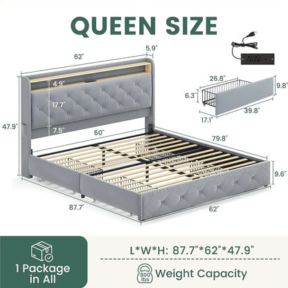 Queen Upholstered LED Platform Bed w/ 4 Storage Drawers