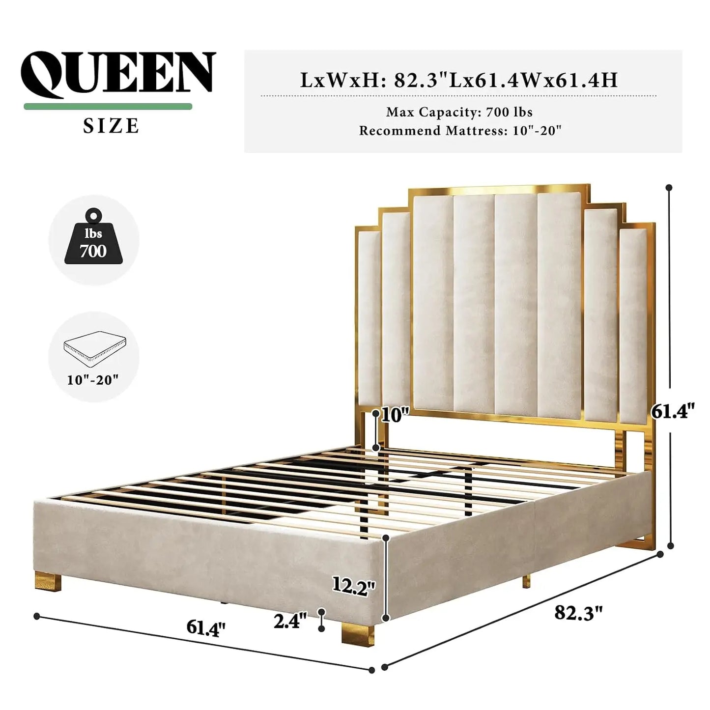 Queen Velvet Bed Frame with Gold Trim Headboard (Custom)