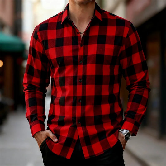 Men's classic red and black plaid long-sleeved shirt casual retro