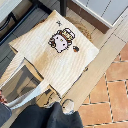 Hello Kitty Embroidered Corduroy Tote Bag (Reusable, Large Capacity, Kawaii Shoulder Handbag)