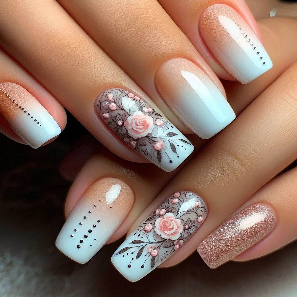 24pcs Gold Stripe Press‑On Nails – Long Square Full Cover Tips