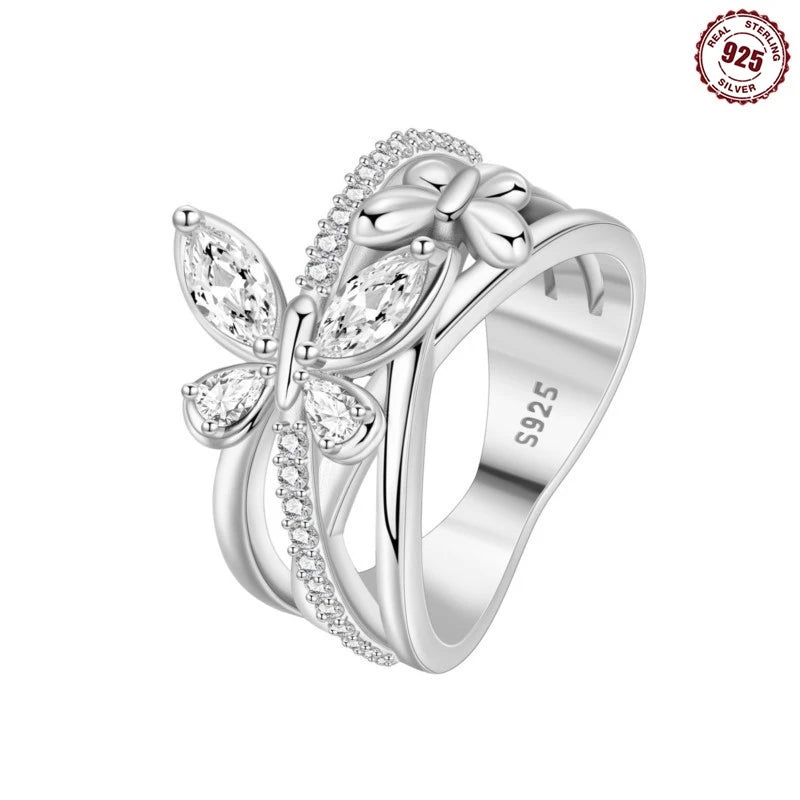 925 Sterling Silver Inlaid Full With Colorful Zirconium Butterfly Rings For Wedding Engagement Silver Rings Jewelry