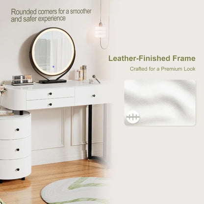 Round‑Mirror Vanity Desk with Lights — 6‑Drawer Makeup Table