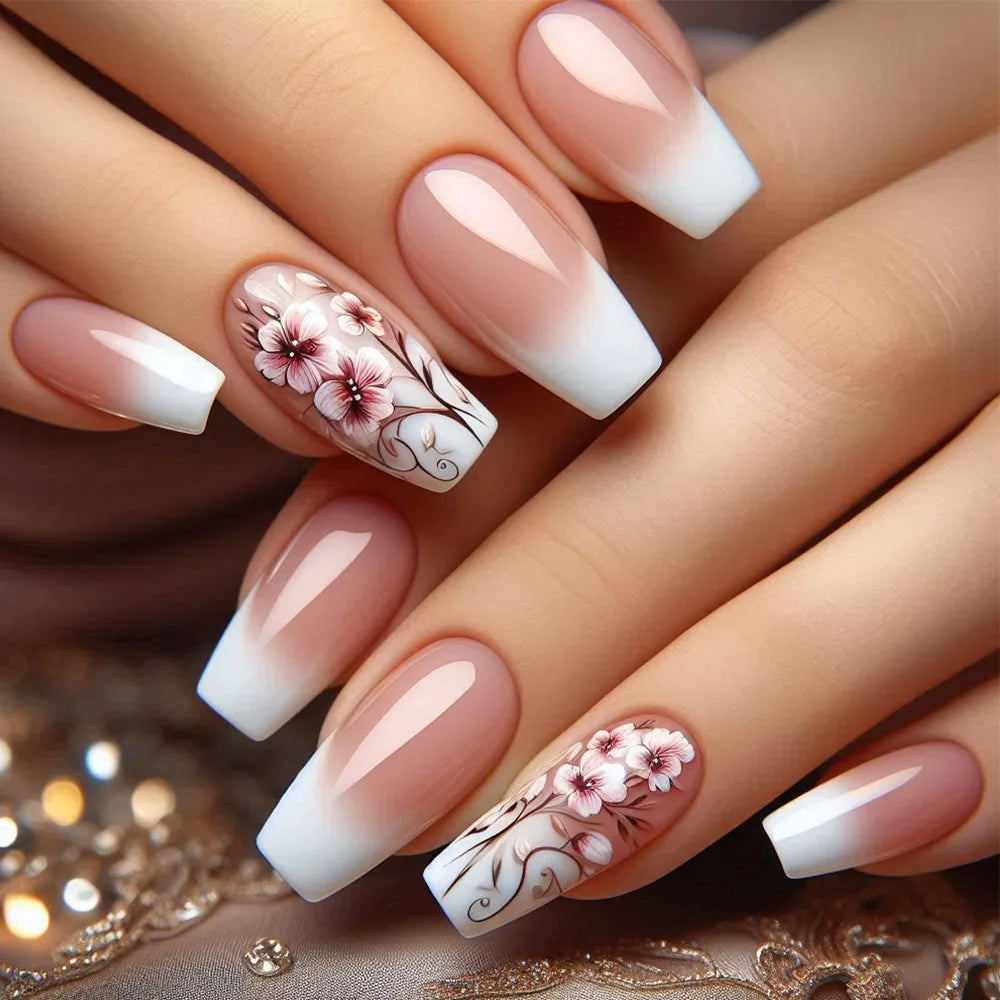 24pcs Gold Stripe Press‑On Nails – Long Square Full Cover Tips