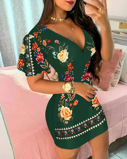 Women’s Elegant Floral Print Bodycon Mini Dress – Sexy Deep V‑Neck Summer Party & Office Look