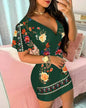 Women’s Elegant Floral Print Bodycon Mini Dress – Sexy Deep V‑Neck Summer Party & Office Look